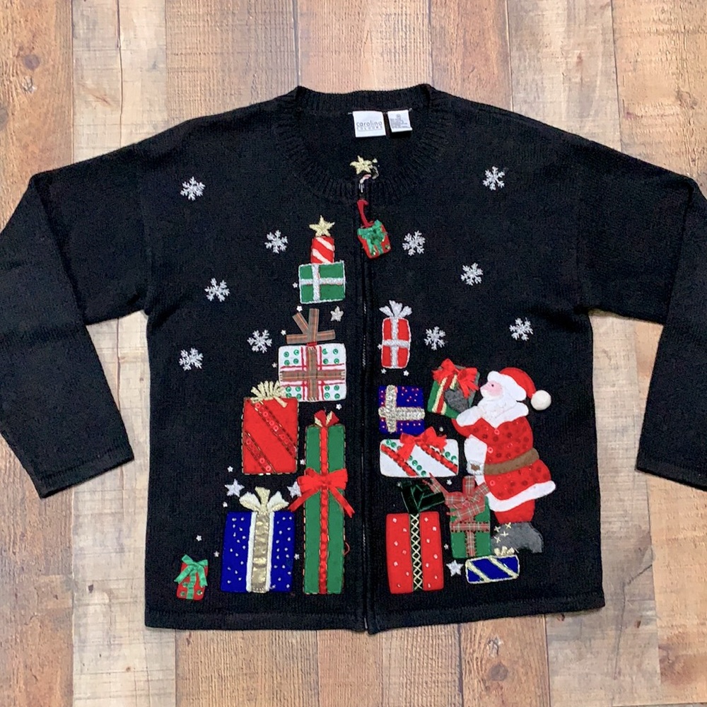 Vintage Christmas Cardigan Sweater Santa Front Zip Size Medium